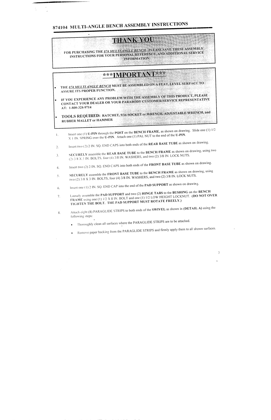 ParaBody 874104 manual MULTI-ANGLE Bench Assembly Instructions, Tools Required Ratchet 