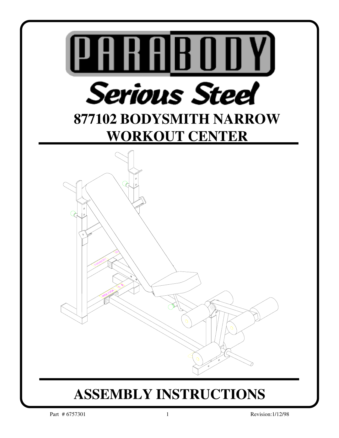 ParaBody 877102 manual Bodysmith Narrow Workout Center Assembly Instructions 