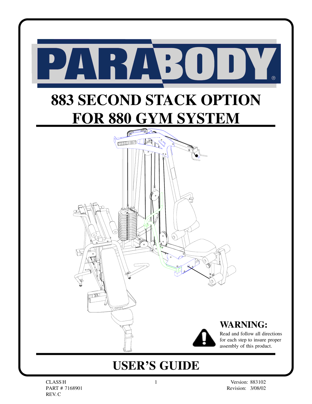 ParaBody 883 manual Second Stack Option For 880 GYM System 