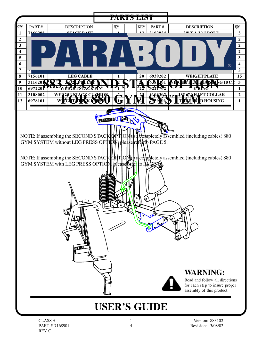 ParaBody 883 manual Parts List 