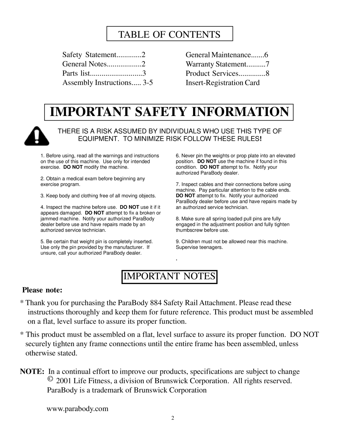 ParaBody 884 manual Important Safety Information, Table of Contents, Important Notes 