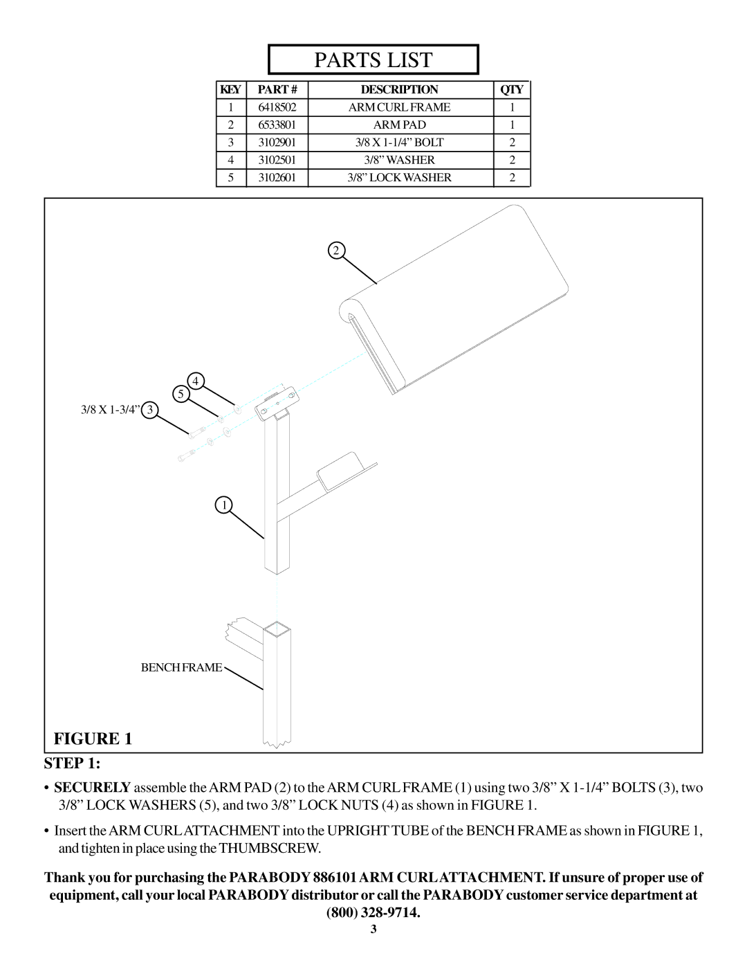 ParaBody 886101 manual Parts List, Step, KEY Description QTY 