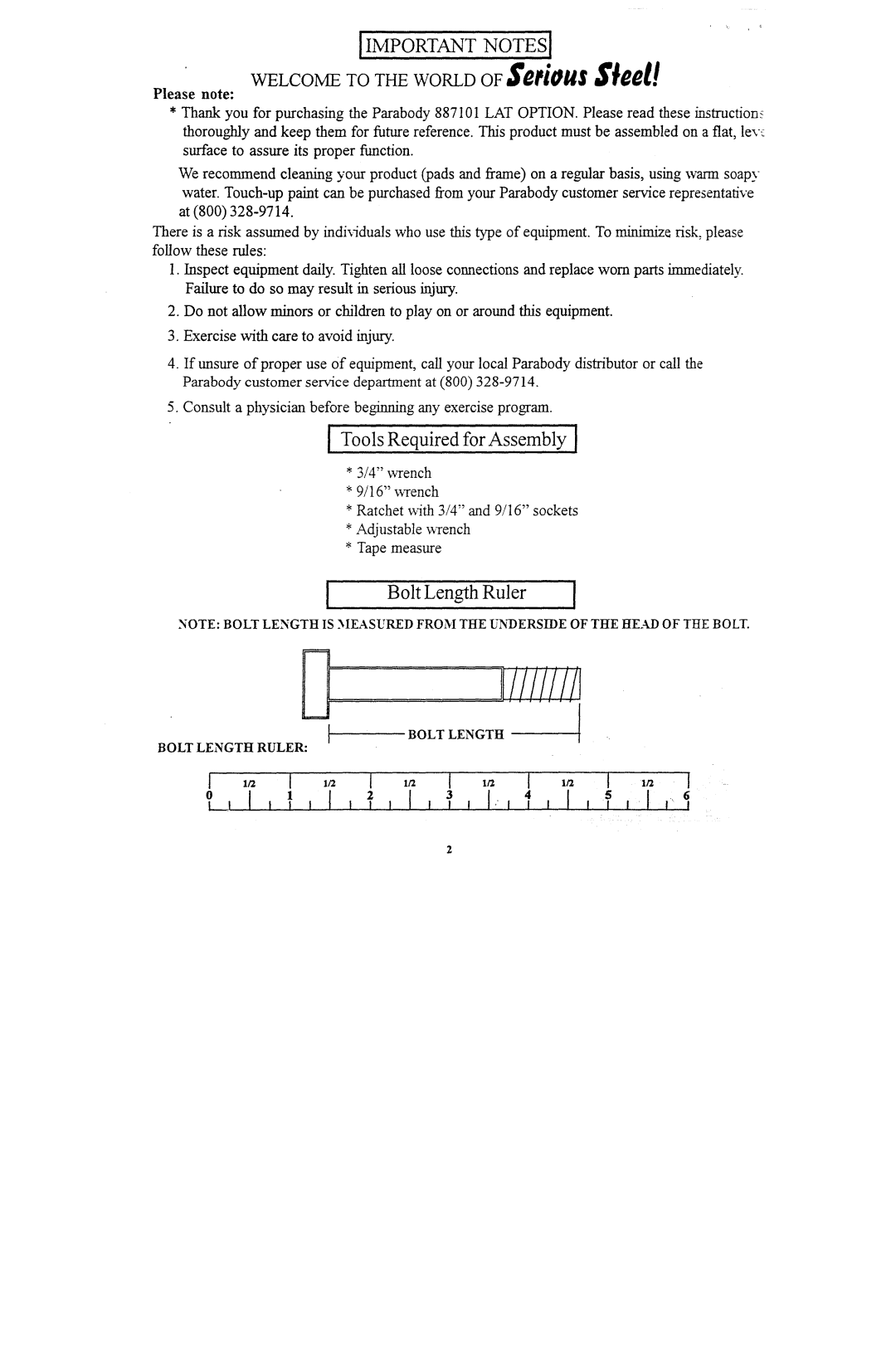 ParaBody 887101 manual IMpORTANT.NOTESI, Bolt Length Bolt Length Ruler 