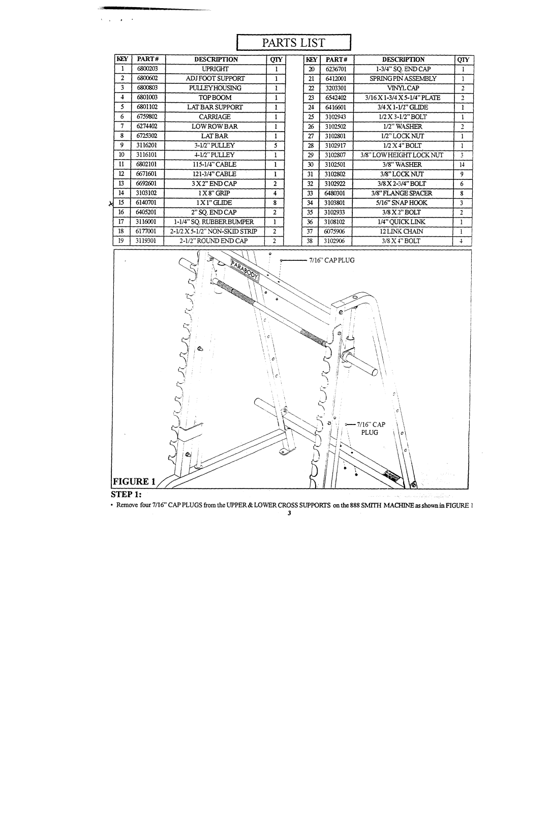 ParaBody 887101 PART# Description DESCR1PTION, Upright, SQ. Endcap, Spring ~ Sembly, TOP Boom, ~Arriage, Low Row Bar, Shek 