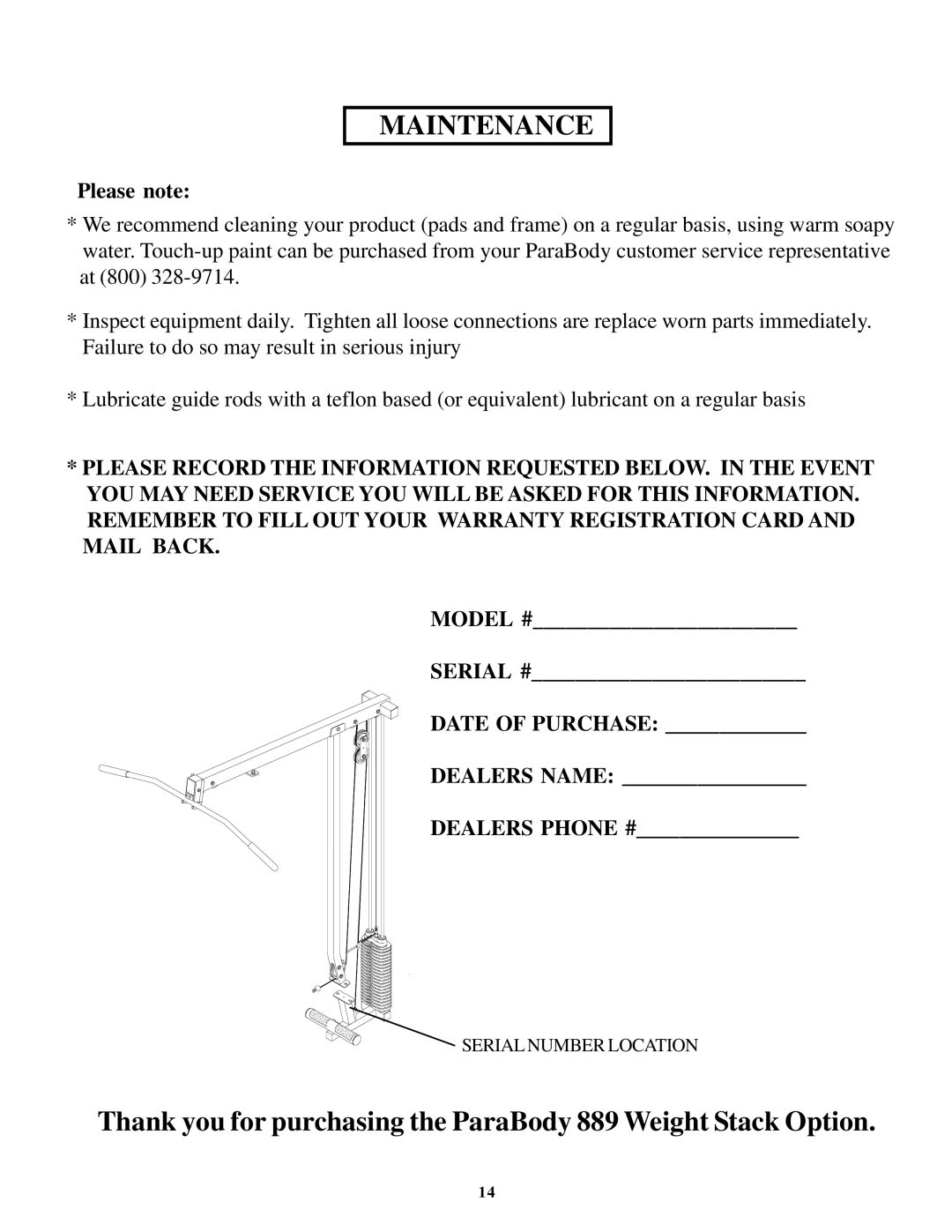 ParaBody 889 manual Maintenance 