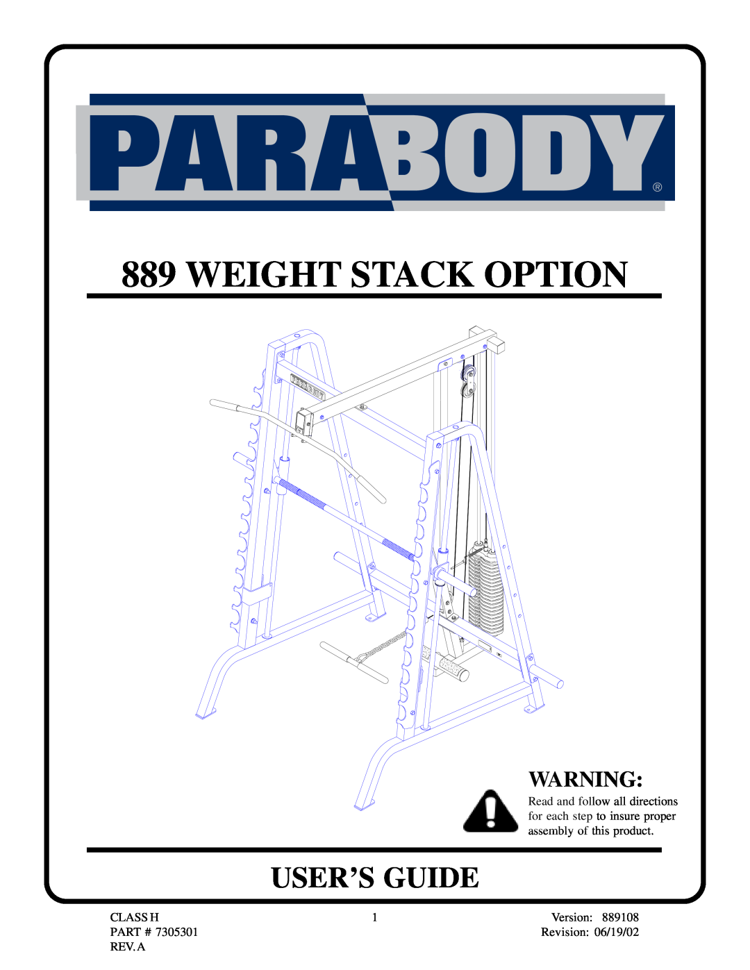 ParaBody 889 manual User’S Guide, Weight Stack Option 