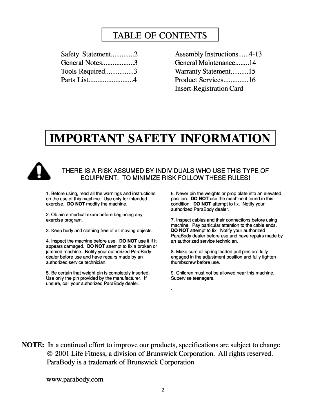 ParaBody 889 Important Safety Information, Table Of Contents, Assembly Instructions, General Maintenance, Product Services 
