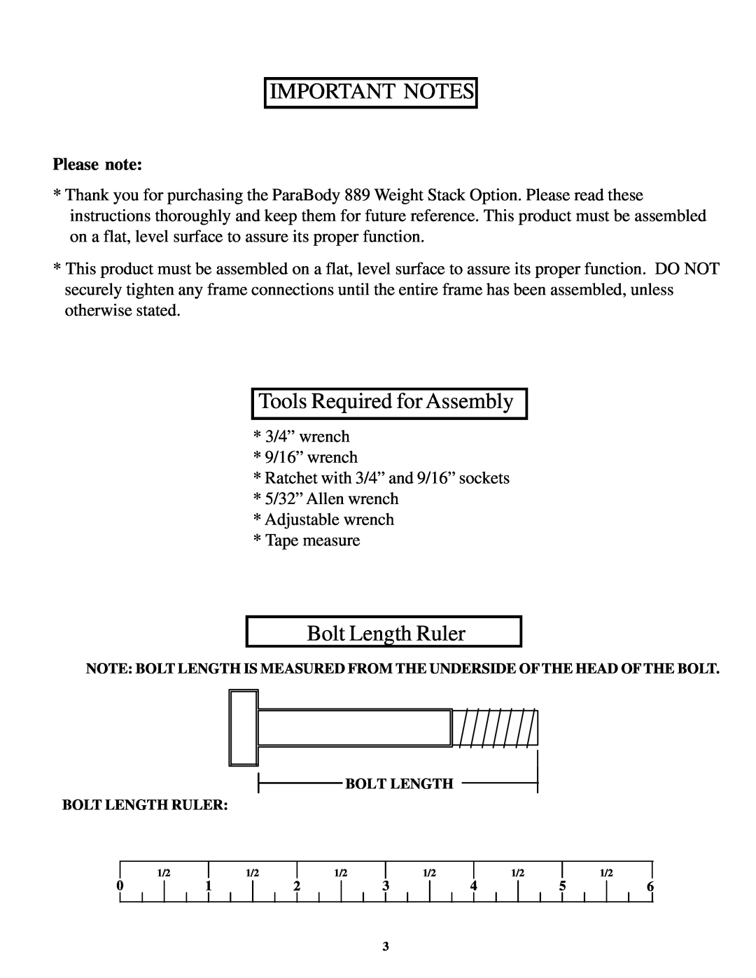 ParaBody 889 manual Important Notes, Tools Required for Assembly, Bolt Length Ruler, Please note 