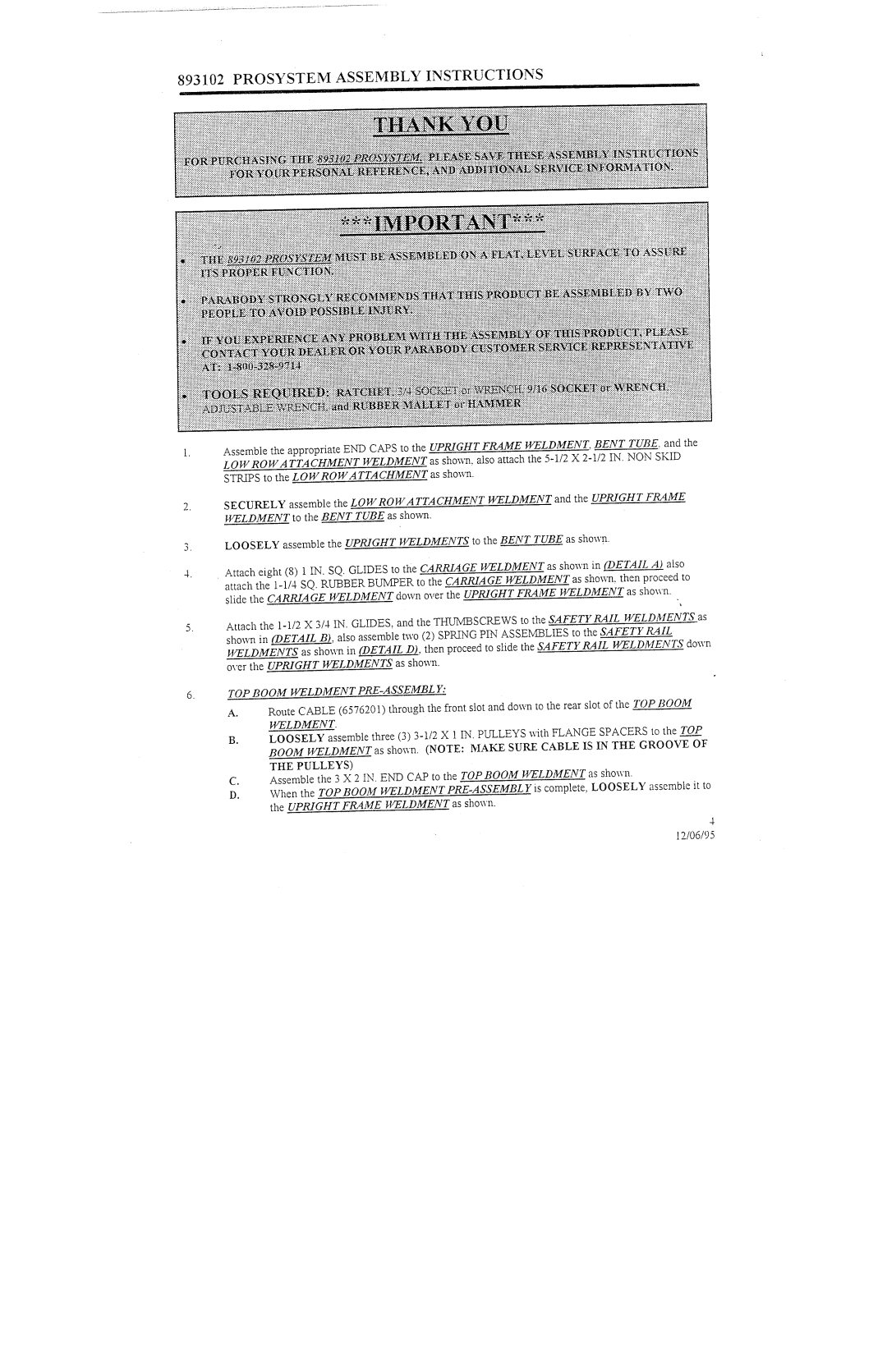 ParaBody 893102 manual Prosystem Assembly Instructions, Top Boomweld~~Ient Pre-Assembl Y 