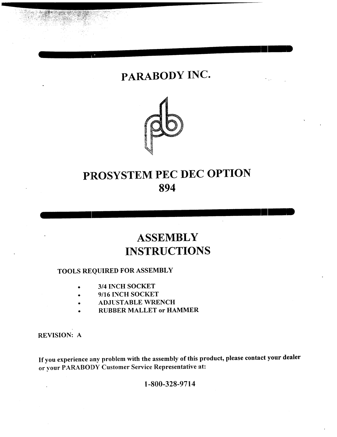 ParaBody 894 manual Tools Required for Assembly Inch Socket, Revision a 