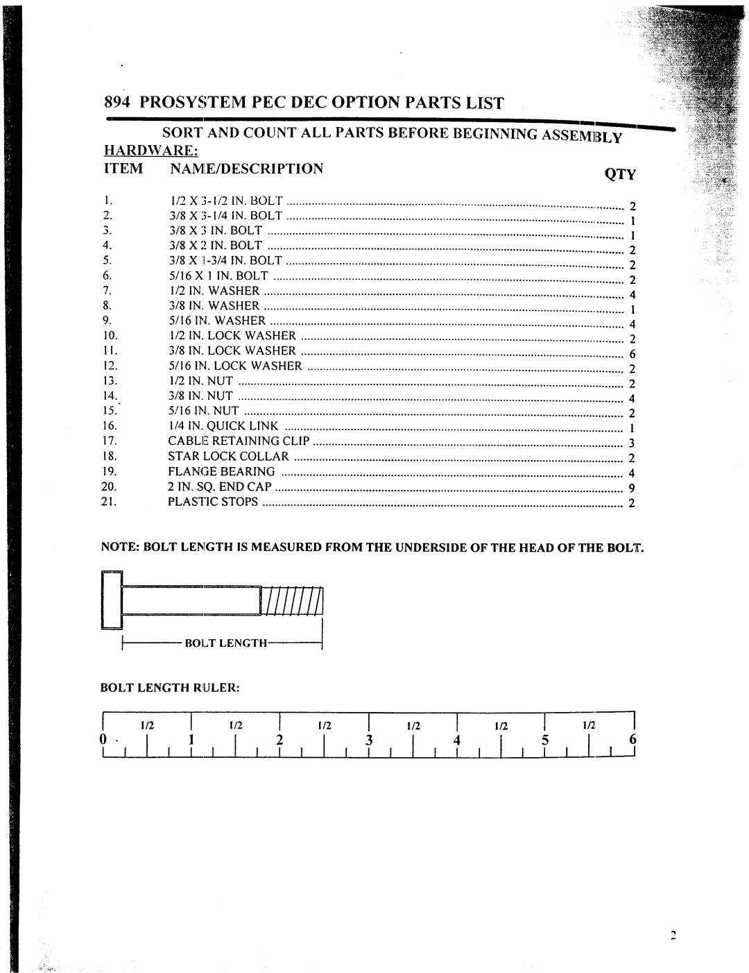 ParaBody 894 manual 8X2IN.BOLT, IN, Washer, BOL,T Length 