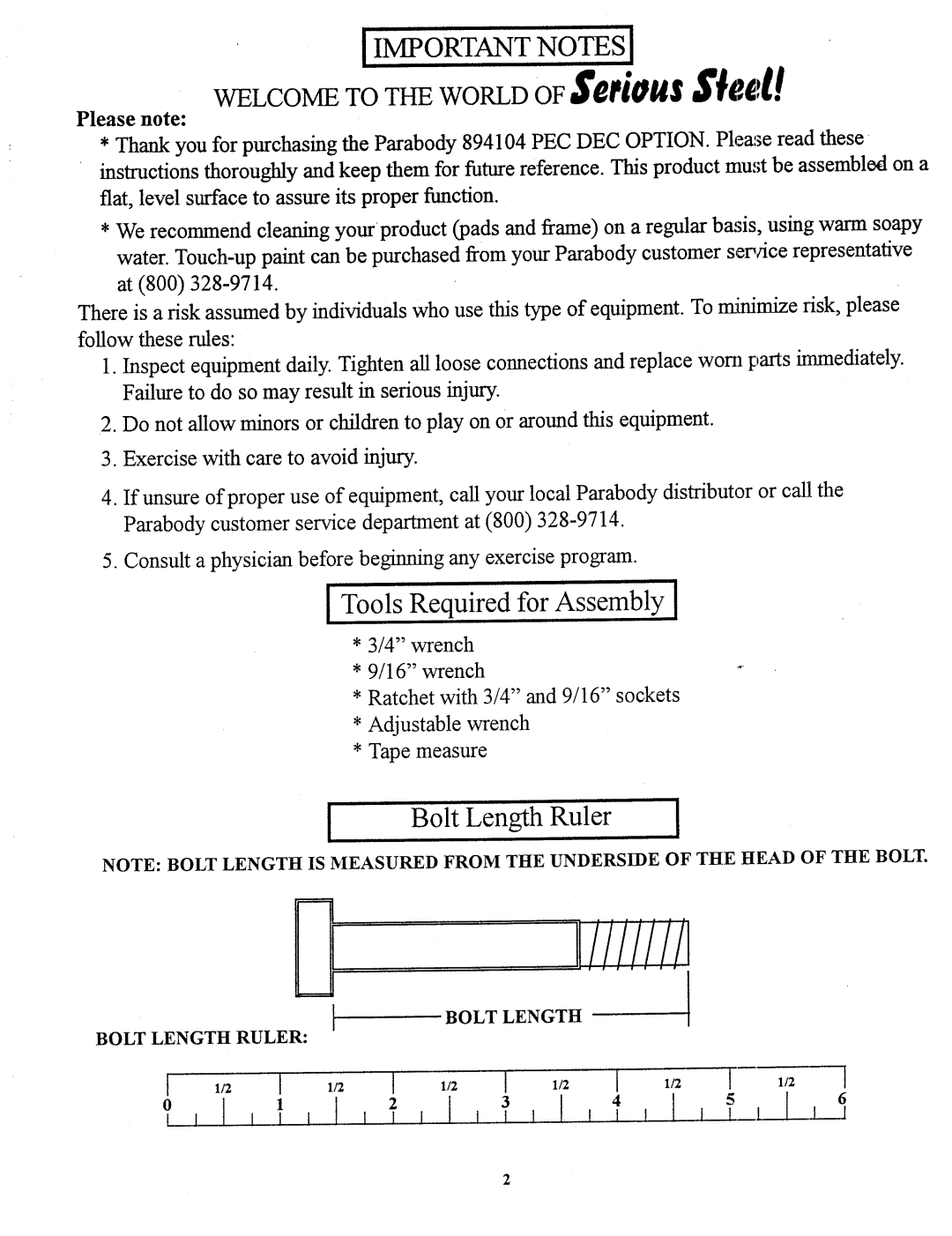 ParaBody 894104A manual Bolt Length Ruler 