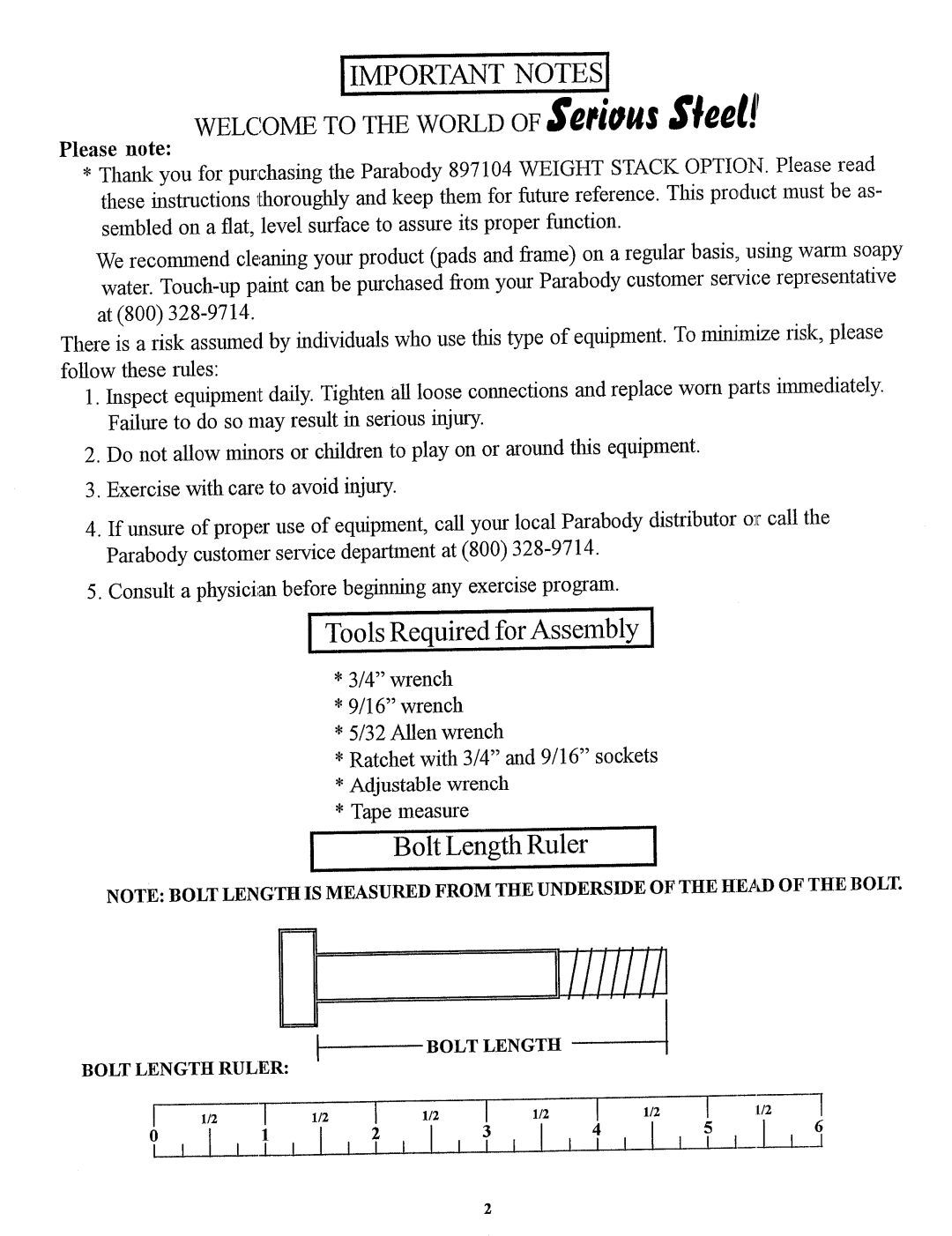 ParaBody 897104 manual Bolt Length Ruler 