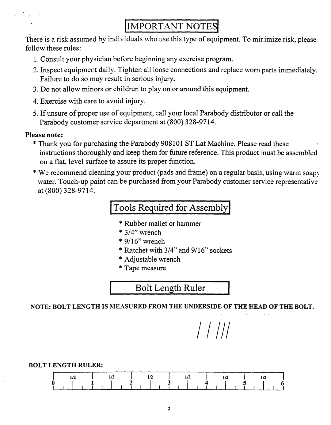 ParaBody 908101 ST manual Please note, Bolt Length Ruler 