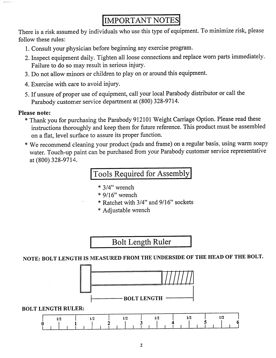 ParaBody 912101 manual Bolt LengthRuler 