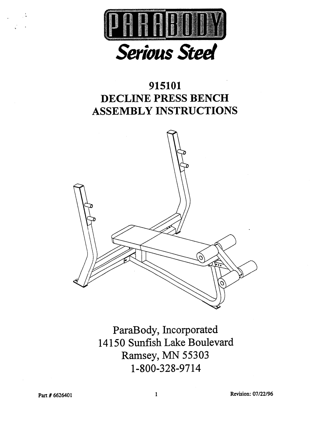 ParaBody 915101 manual SeriousSteel, Decline Press Bench Assembly Instructions 