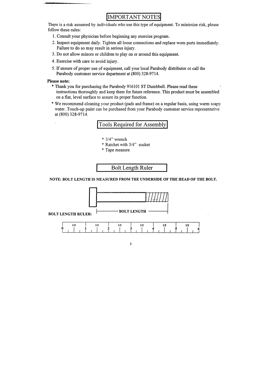 ParaBody 916101 manual Bolt Length Ruler 