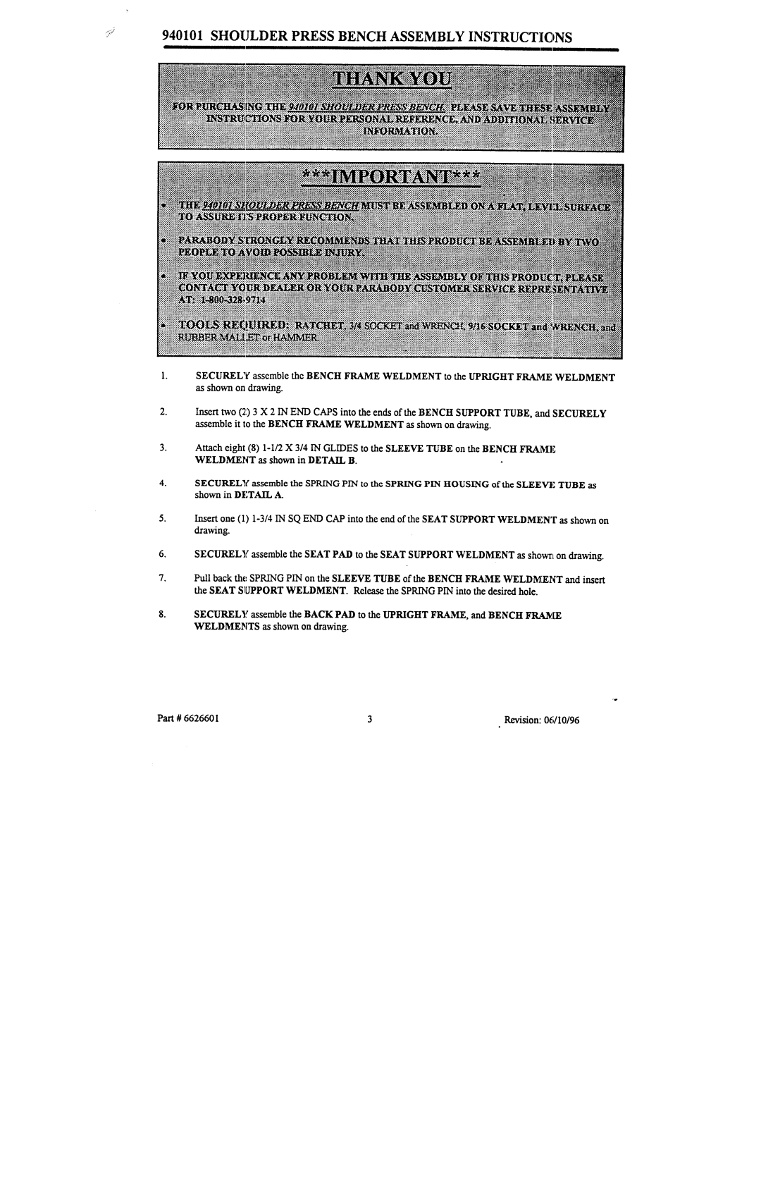 ParaBody 940101 manual Shoulderpress Benchassemblyinstructions 