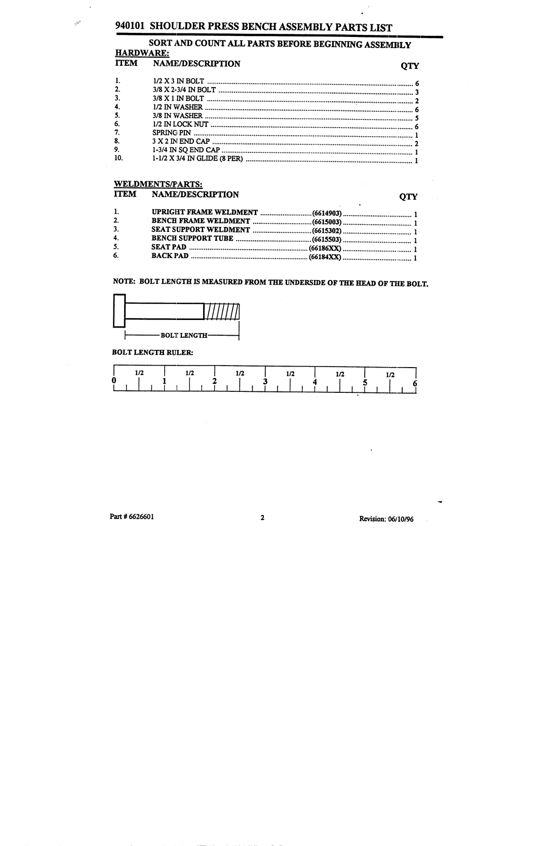 ParaBody 940101 manual Shoulderpress Bench Assembly Parts List 