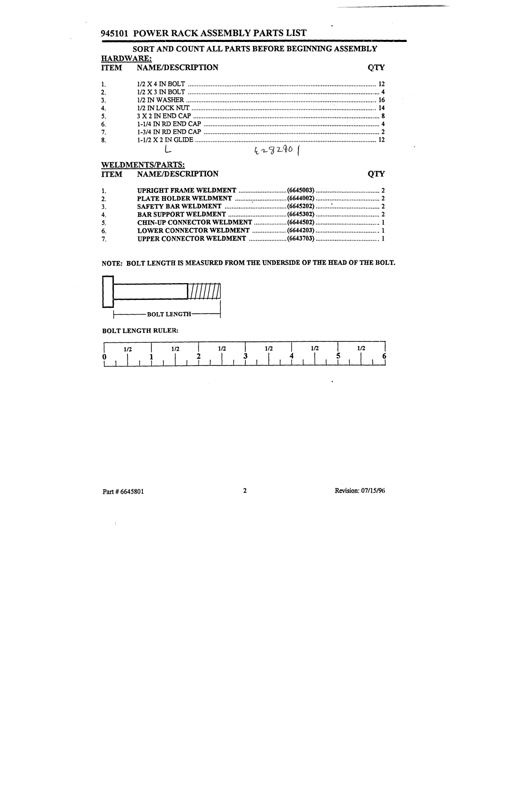 ParaBody 945101 manual Power Rack Assembly Parts List 