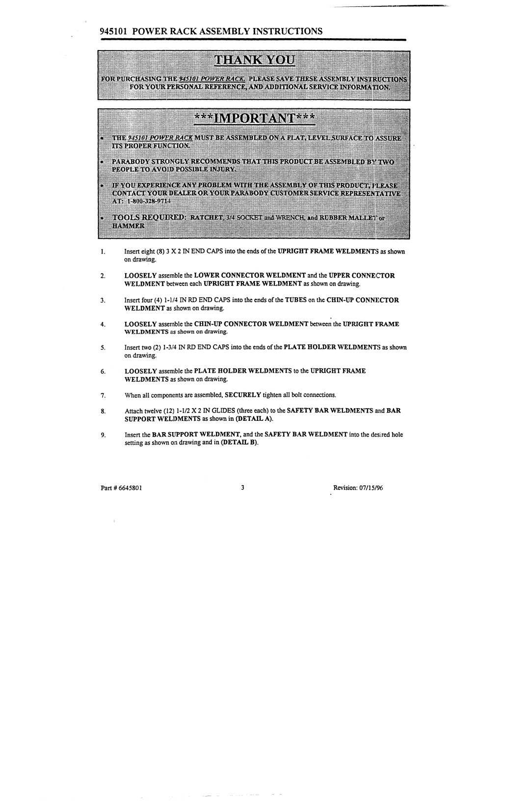 ParaBody 945101 manual Powerrack Assembly Instructions 