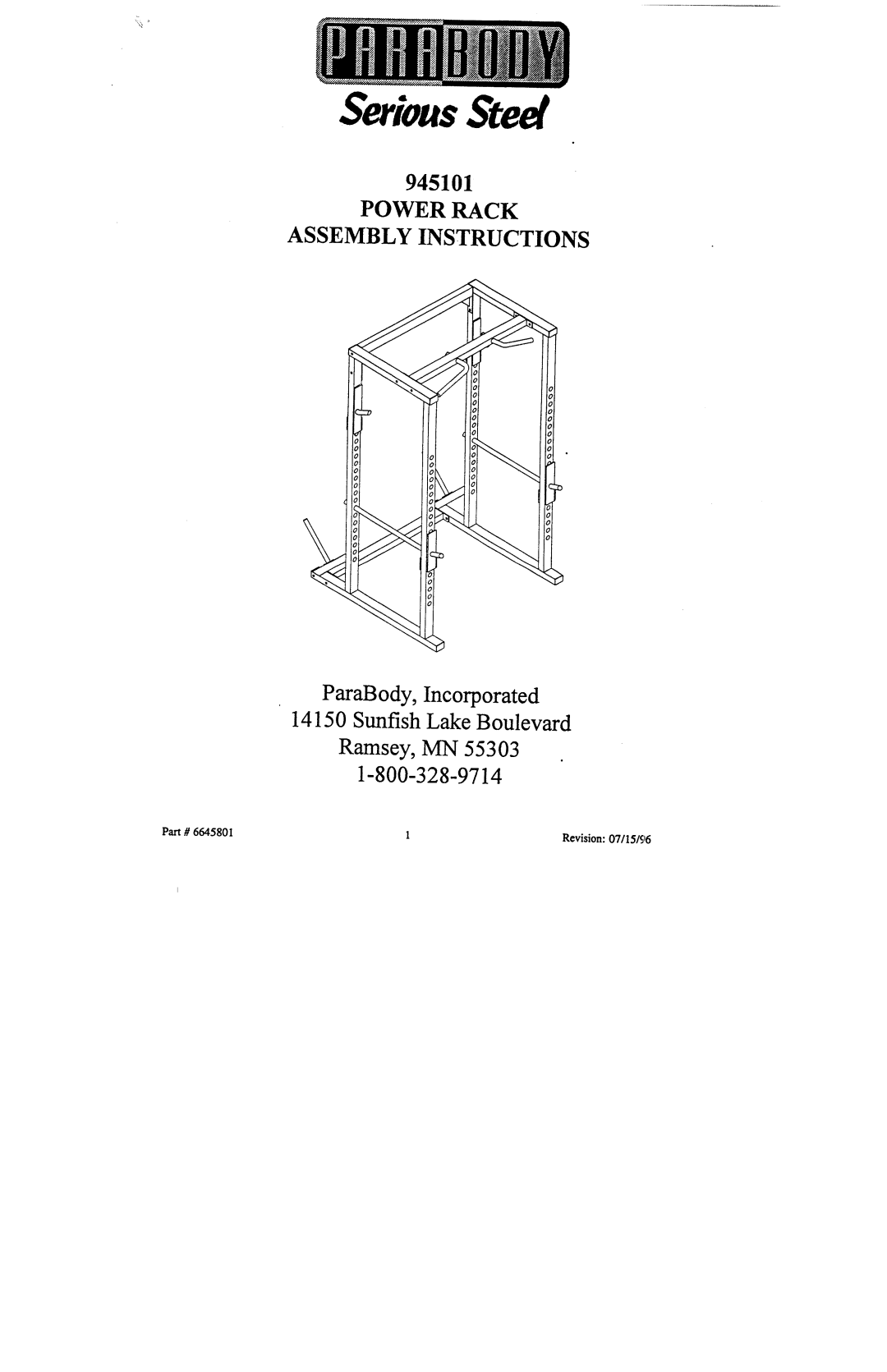 ParaBody 945101 manual SeriousSteel, Power Rack Assembly Instructions, Part# 