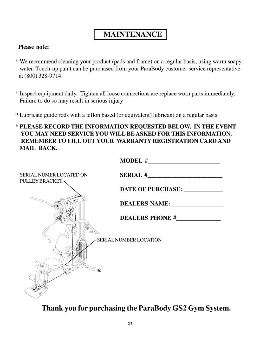 ParaBody GS2 manual Maintenance 