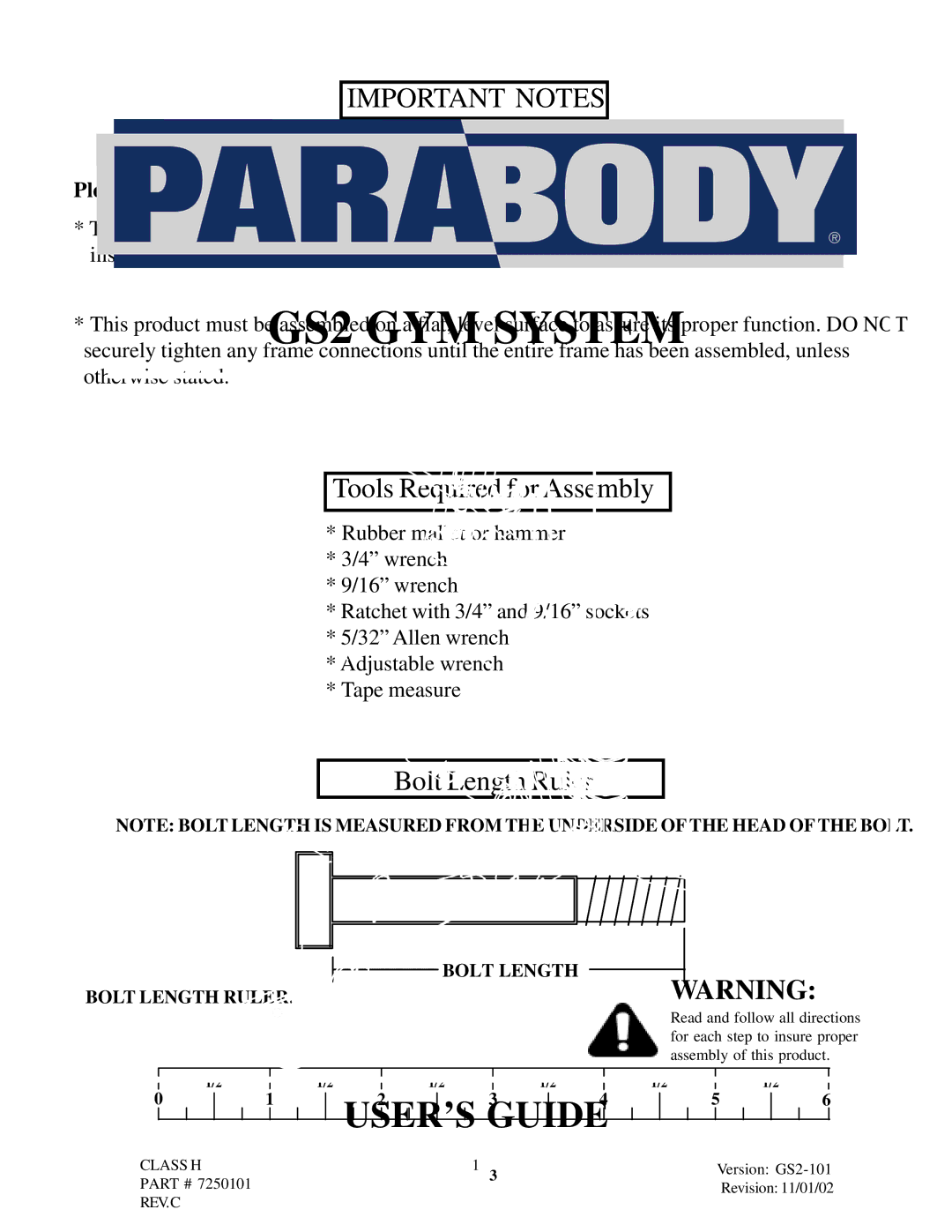 ParaBody GS2 manual Important Notes 