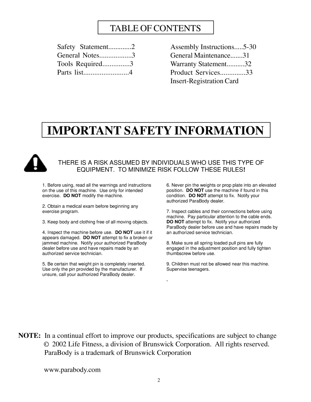 ParaBody GS6 manual Important Safety Information 