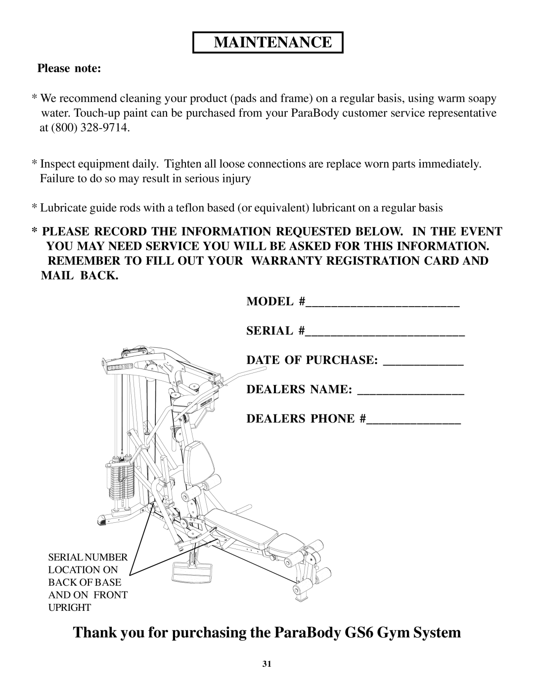 ParaBody GS6 manual Maintenance 