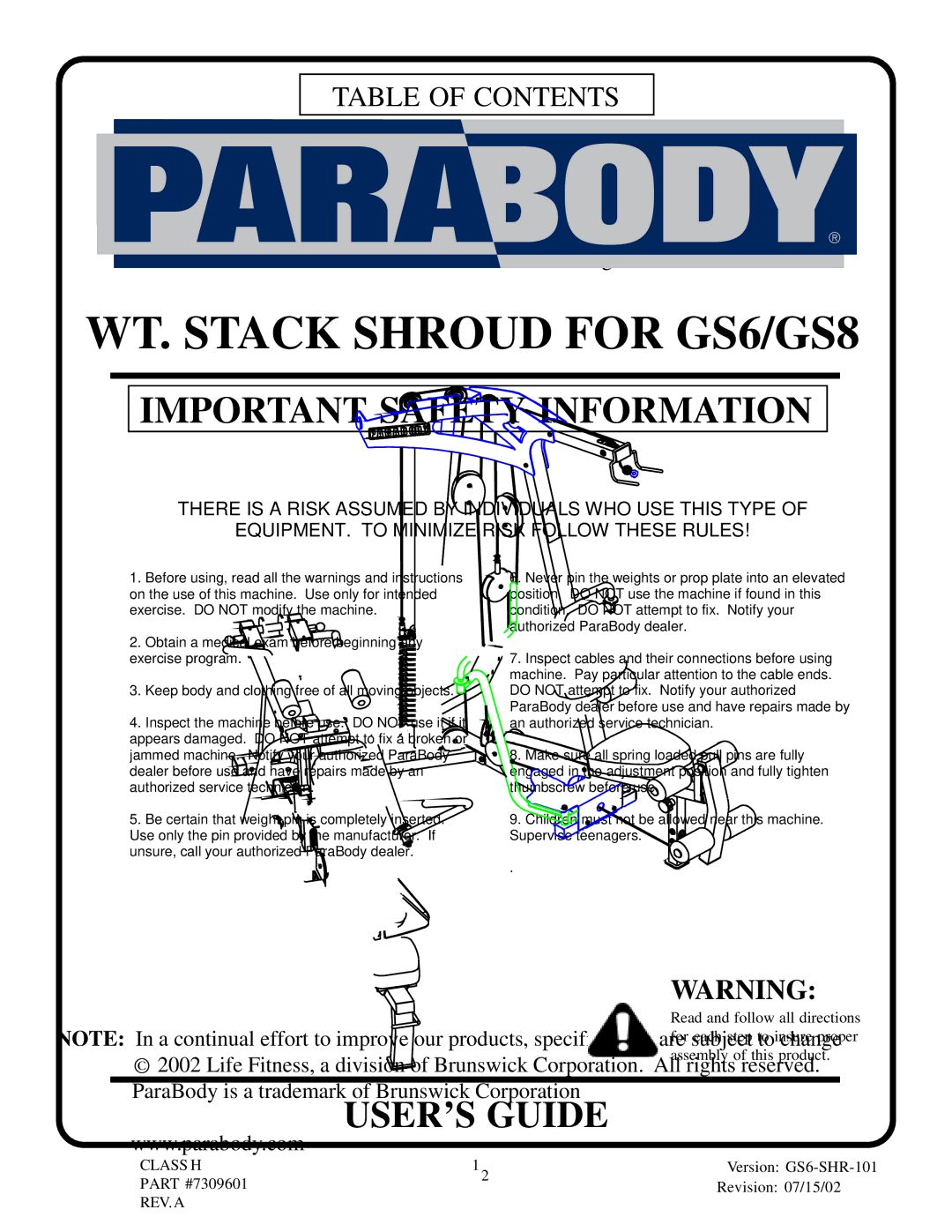 ParaBody GS8 manual Important Safety Information, Table of Contents 