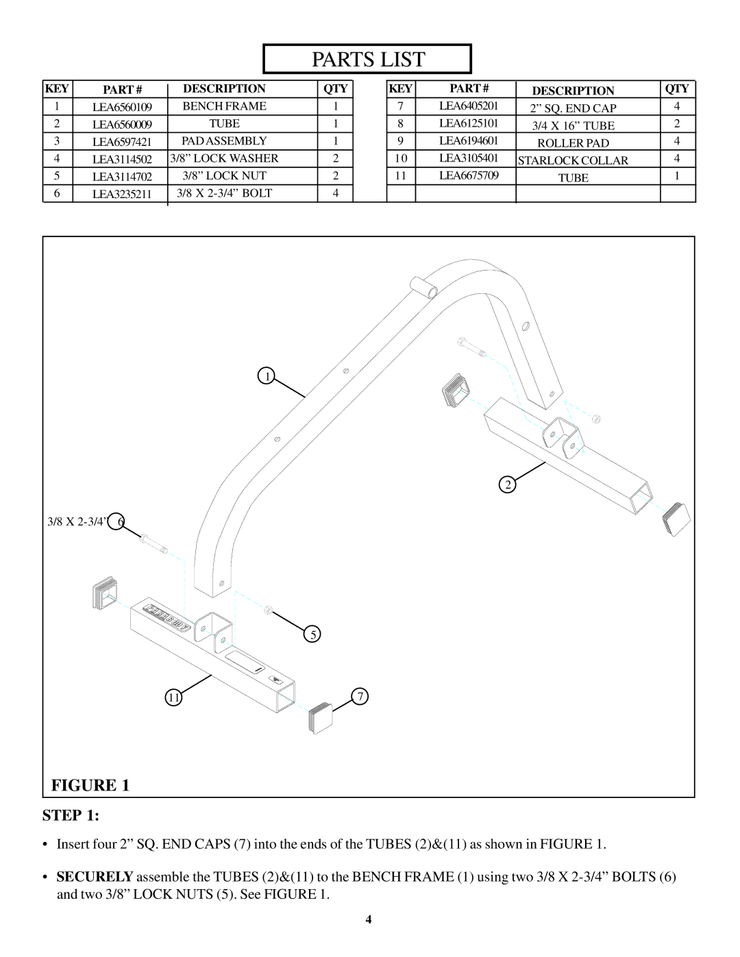 ParaBody Home Guide manual Parts List, KEY Description QTY 