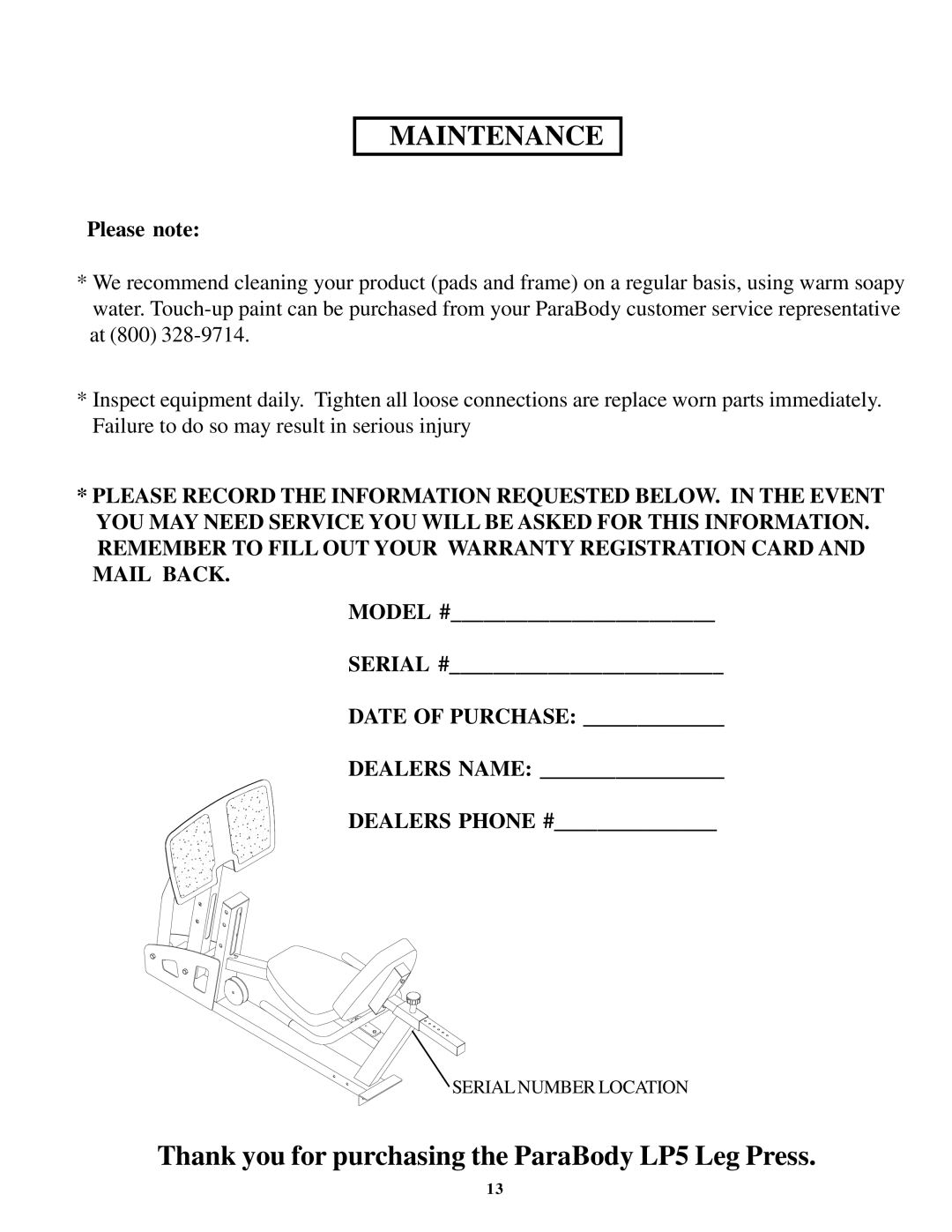 ParaBody Leg Press 5 manual Maintenance 