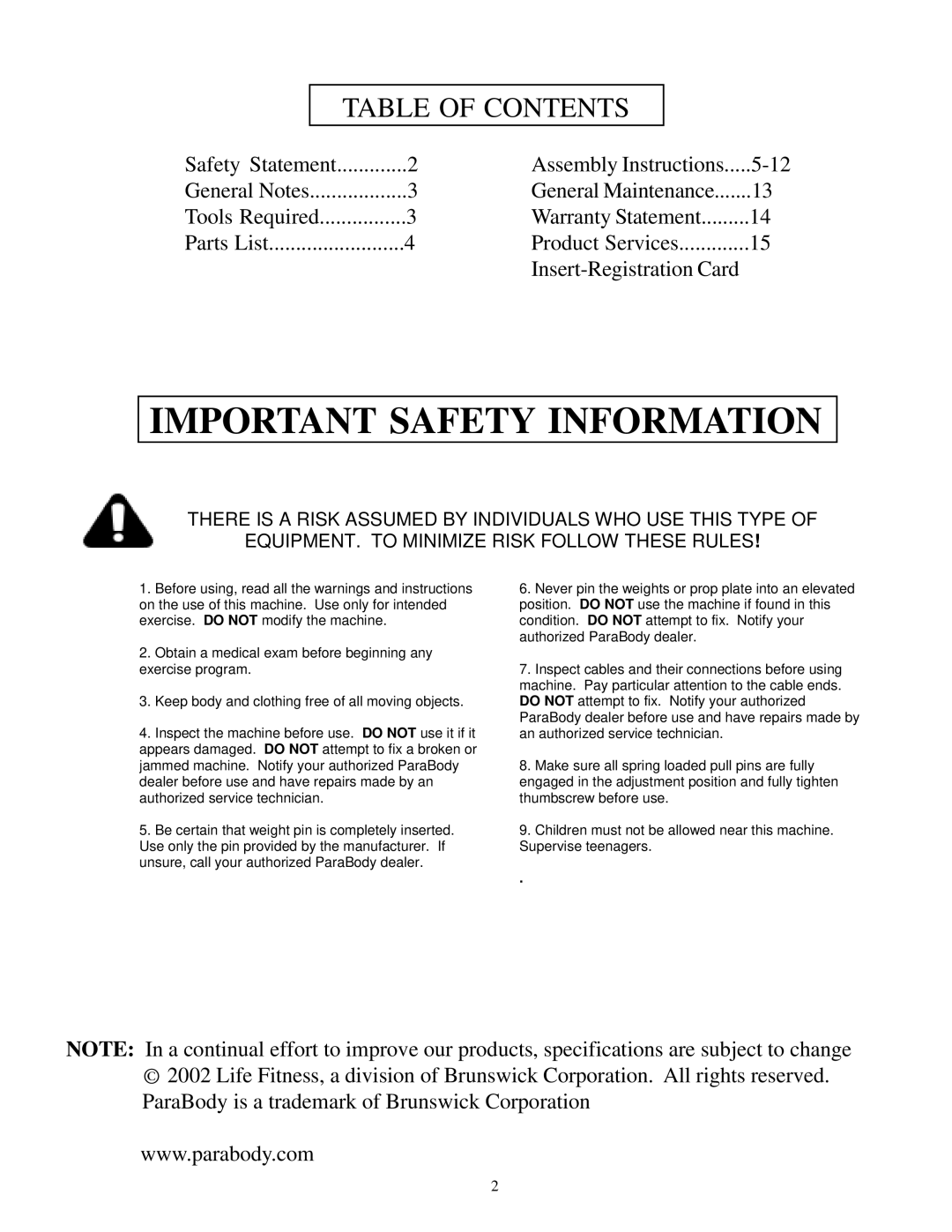 ParaBody Leg Press 5 manual Important Safety Information, Table of Contents 