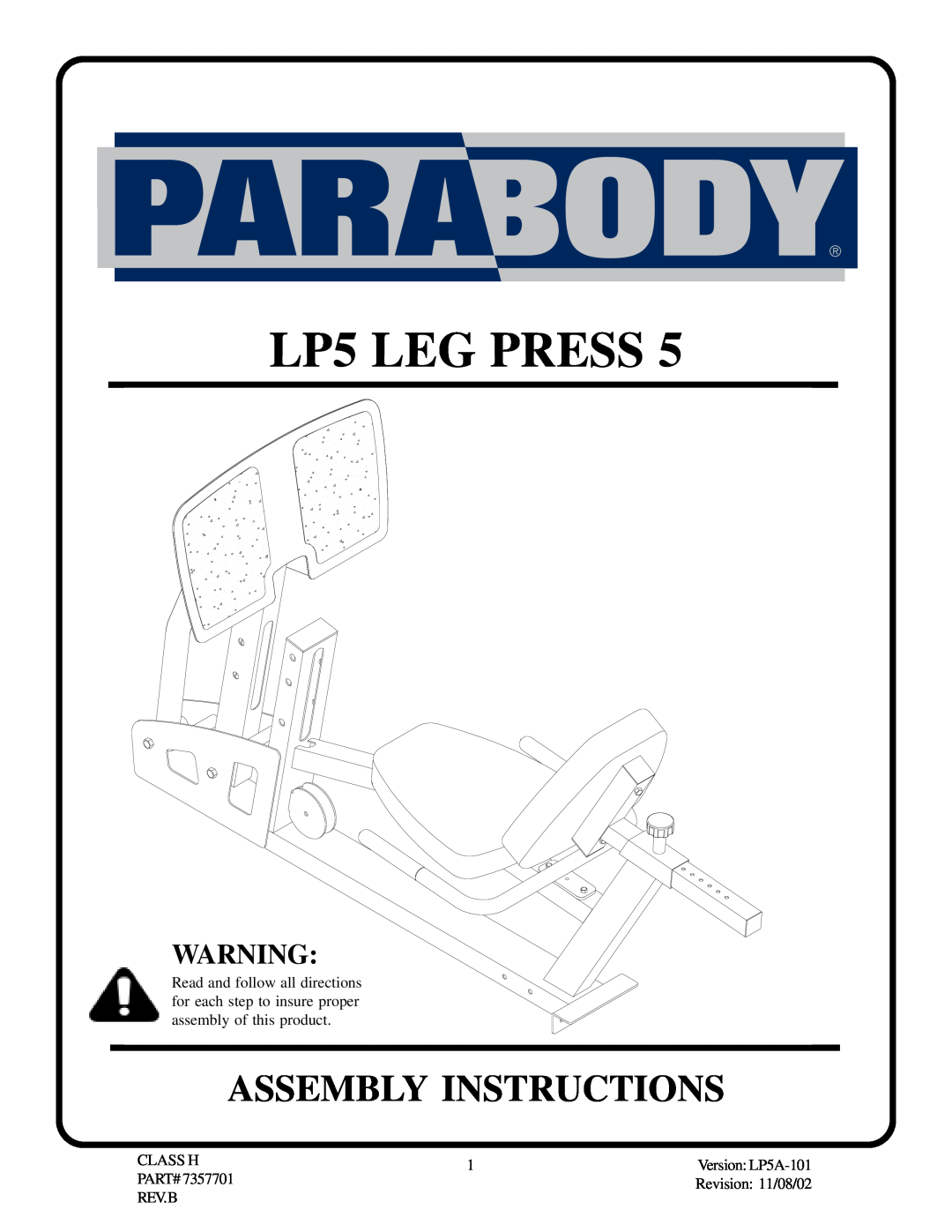ParaBody Leg Press 5 manual Assembly Instructions, LP5 LEG PRESS 