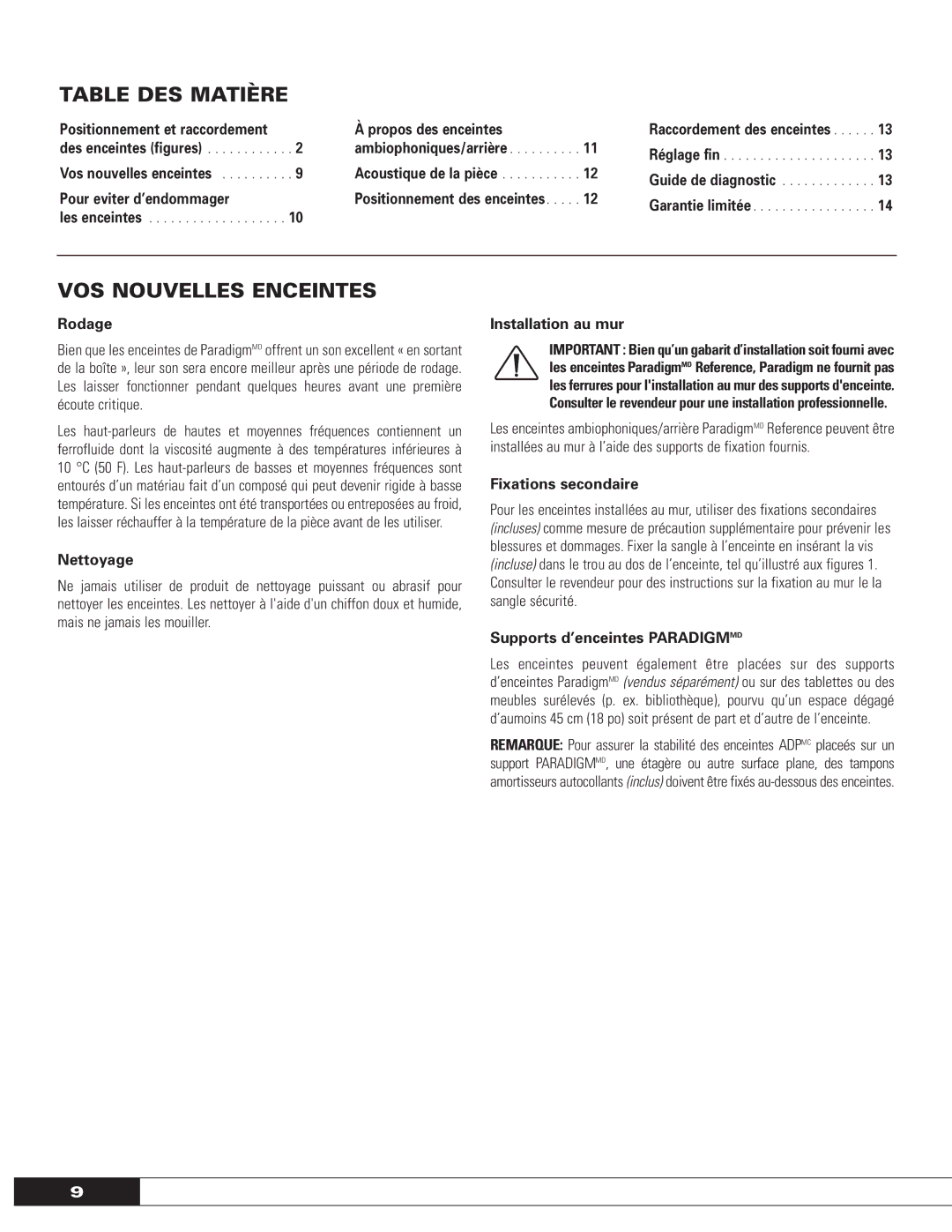 Paradigm OM-104, ADP SURROUND/REAR SPEAKERS owner manual Table DES Matière, VOS Nouvelles Enceintes 