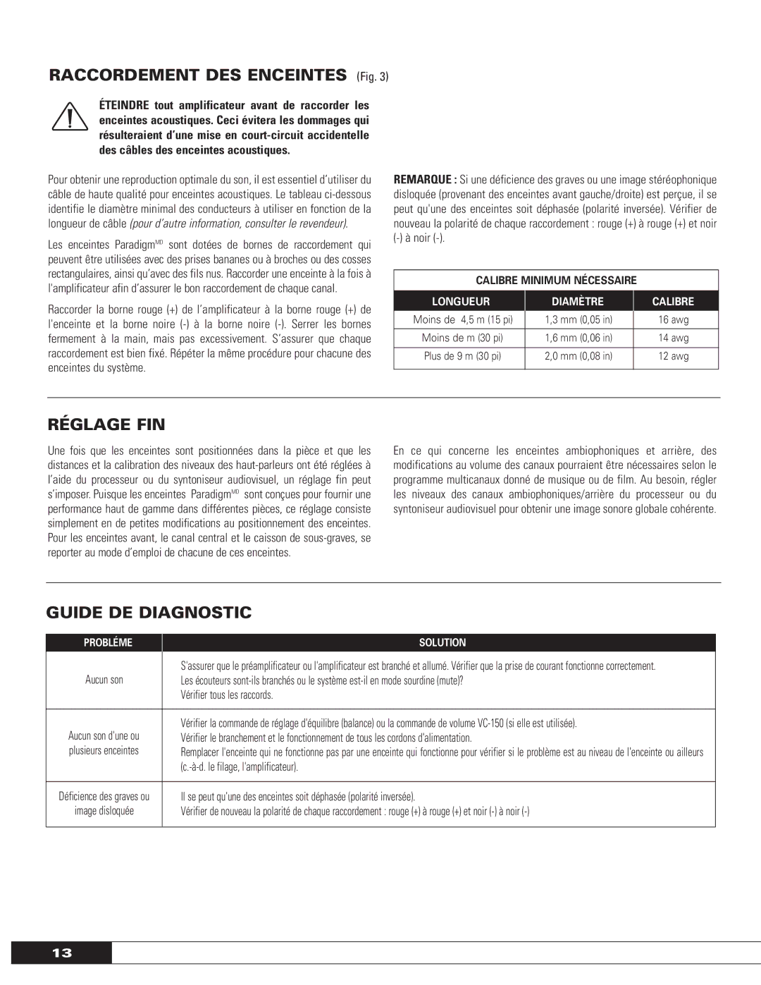 Paradigm OM-104, ADP SURROUND/REAR SPEAKERS owner manual Réglage FIN, Guide DE Diagnostic 