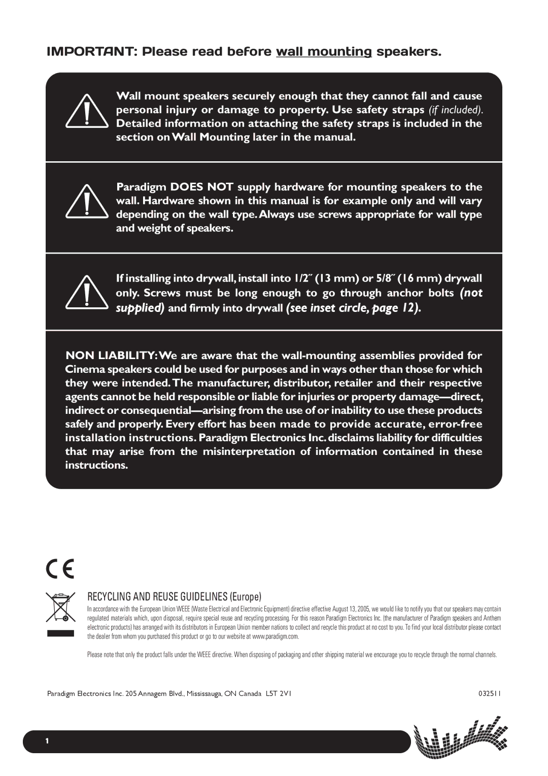 Paradigm 100, Cinema Speaker Systems, 400, 200 owner manual Important Please read before wall mounting speakers 