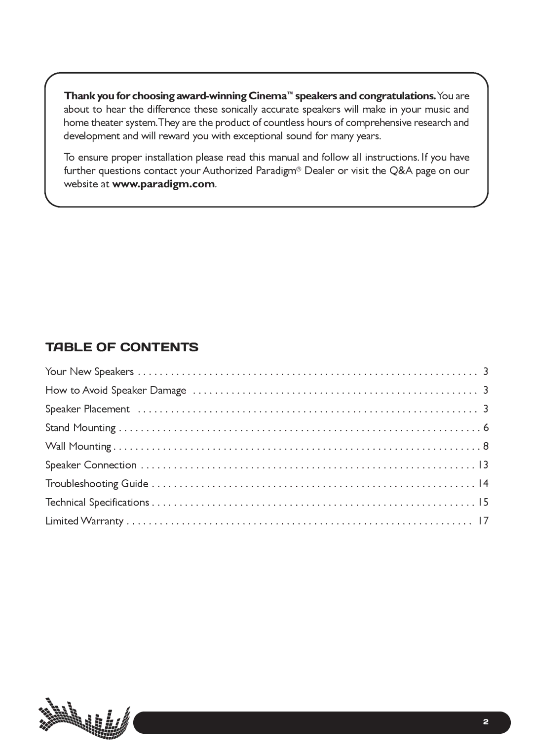 Paradigm 200, Cinema Speaker Systems, 400, 100 owner manual Table of Contents 