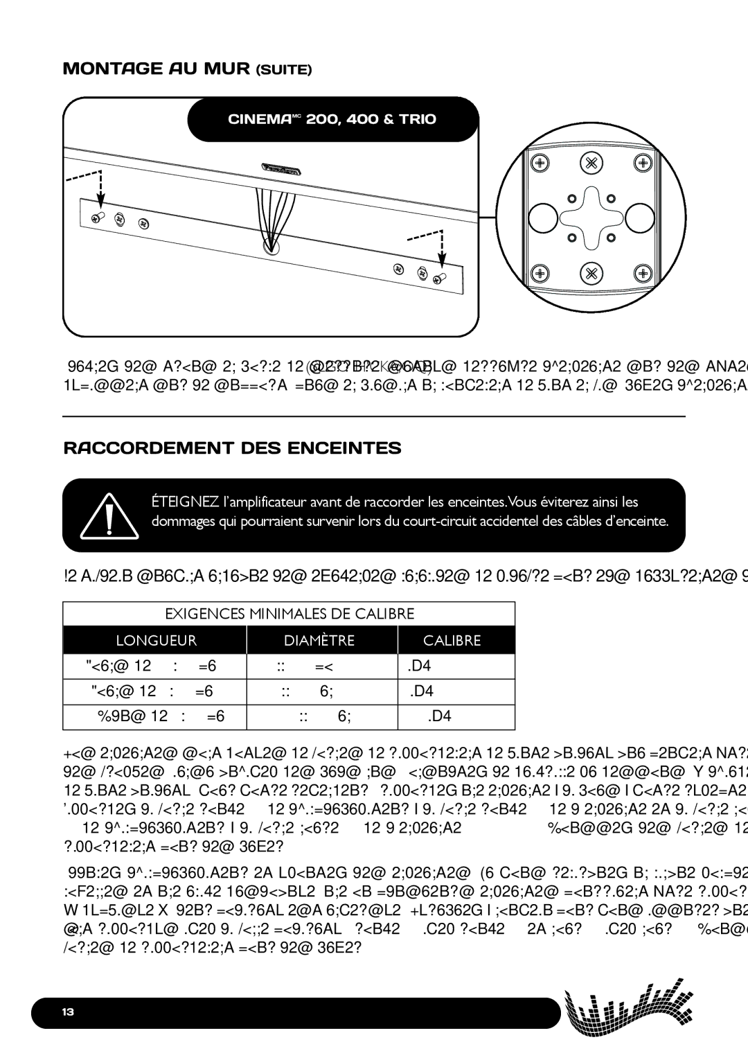 Paradigm Cinema Speaker Systems, 400, 100, 200 owner manual Raccordement DES Enceintes, Longueur Diamètre Calibre 