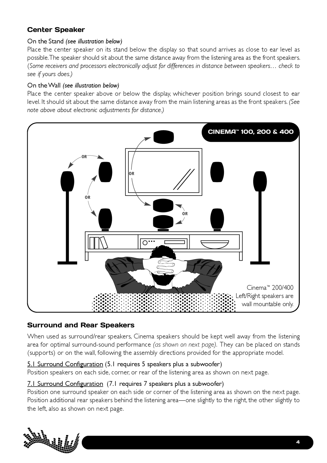 Paradigm 400, Cinema Speaker Systems, 100, 200 owner manual Center Speaker, Surround and Rear Speakers 