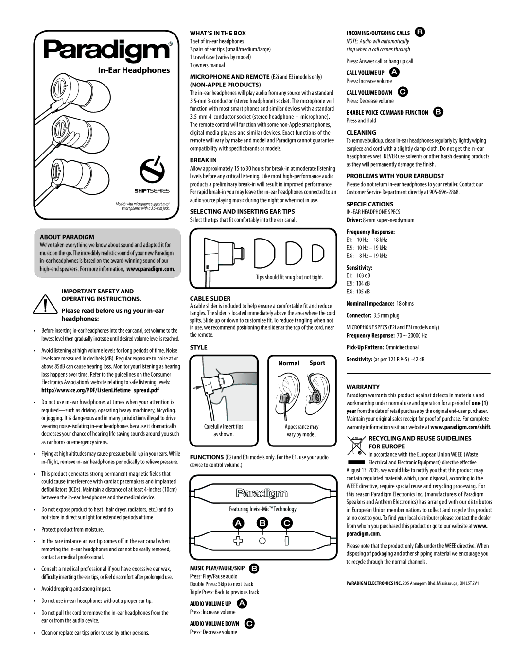 Paradigm In-Ear Headphones, E3i operating instructions About Paradigm, WHAT’S in the BOX, NON-APPLE Products, Break, Style 