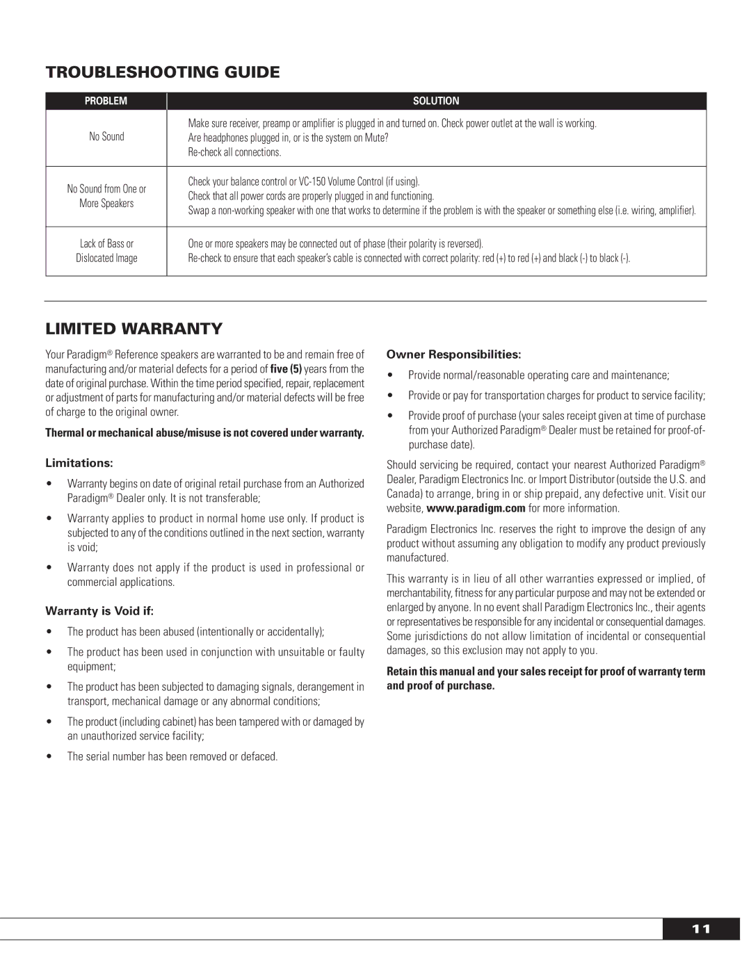 Paradigm MILLENIA SERIES: FRONT AND CENTER SPEAKERS, OM-575 Troubleshooting Guide, Limited Warranty, Limitations 