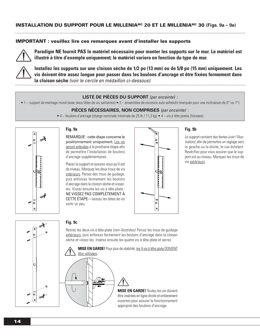 Paradigm OM-575, MILLENIA SERIES: FRONT AND CENTER SPEAKERS owner manual Liste DE Pièces DU Support par enceinte 