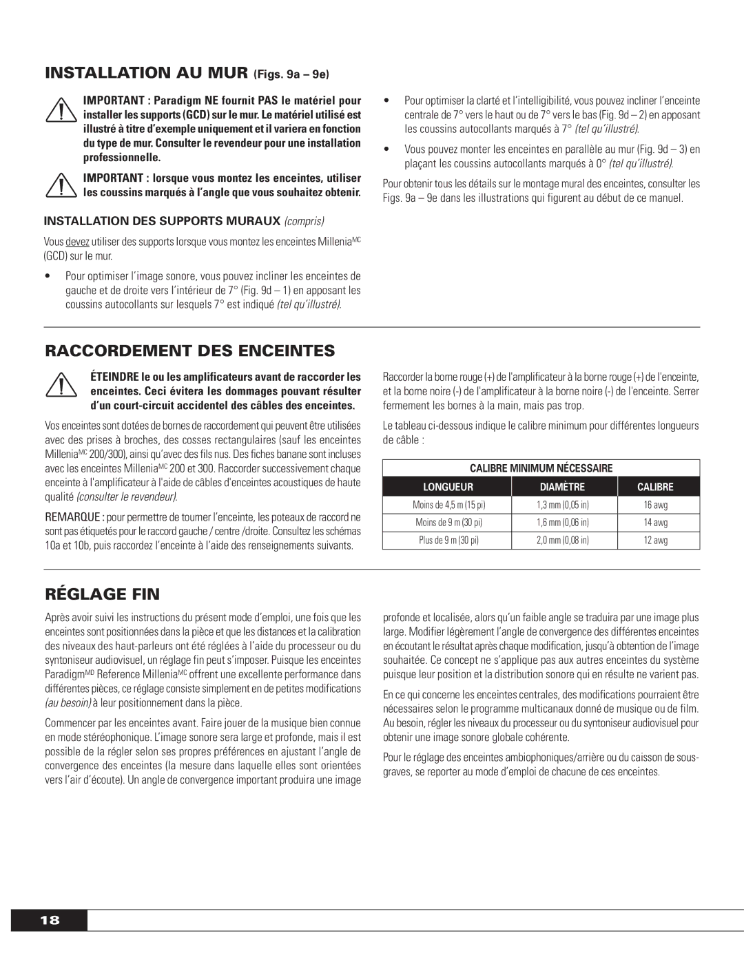 Paradigm OM-575 owner manual Raccordement DES Enceintes, Réglage FIN, Installation DES Supports Muraux compris 