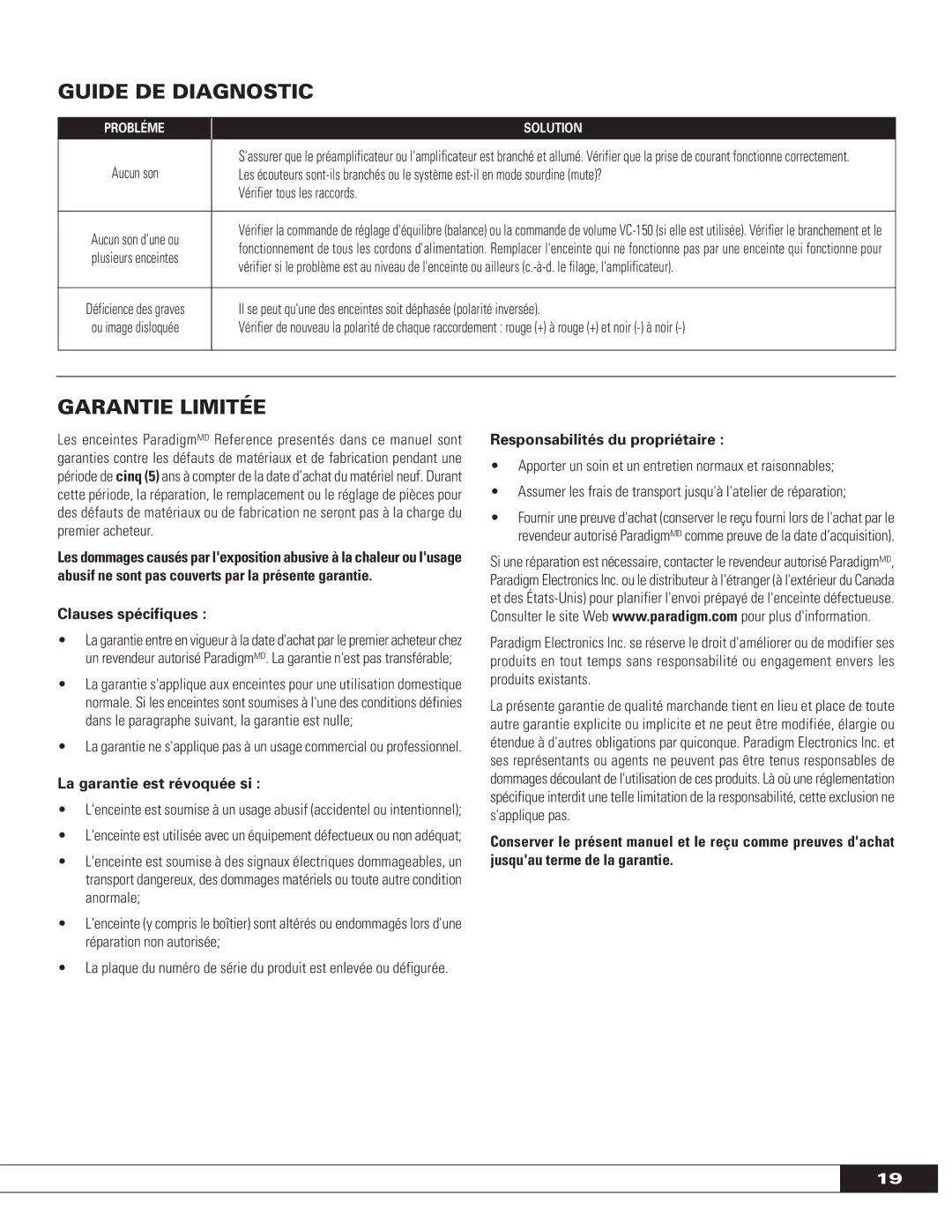 Paradigm MILLENIA SERIES: FRONT AND CENTER SPEAKERS, OM-575 Guide DE Diagnostic, Garantie Limitée, Clauses spécifiques 