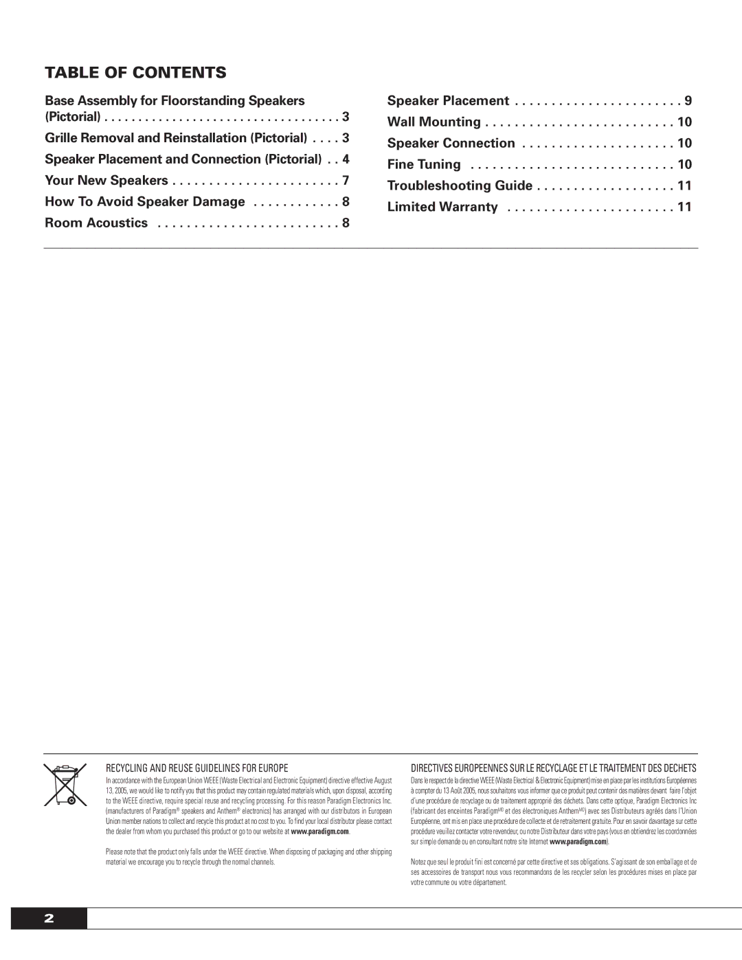 Paradigm OM-575, MILLENIA SERIES: FRONT AND CENTER SPEAKERS owner manual Table of Contents 