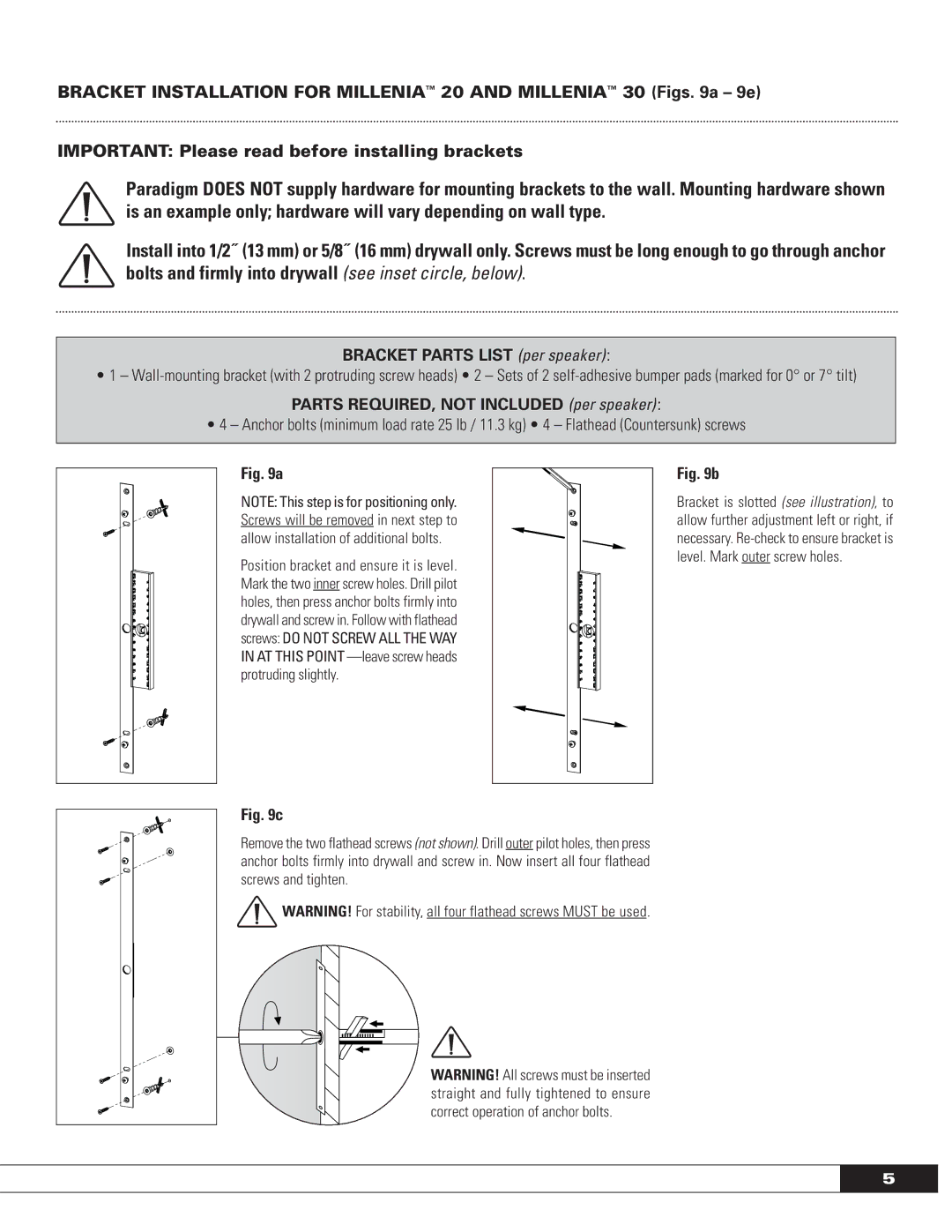 Paradigm MILLENIA SERIES: FRONT AND CENTER SPEAKERS, OM-575 owner manual Bracket Parts List per speaker 