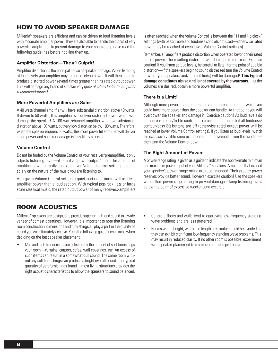 Paradigm OM-575, MILLENIA SERIES: FRONT AND CENTER SPEAKERS owner manual HOW to Avoid Speaker Damage, Room Acoustics 