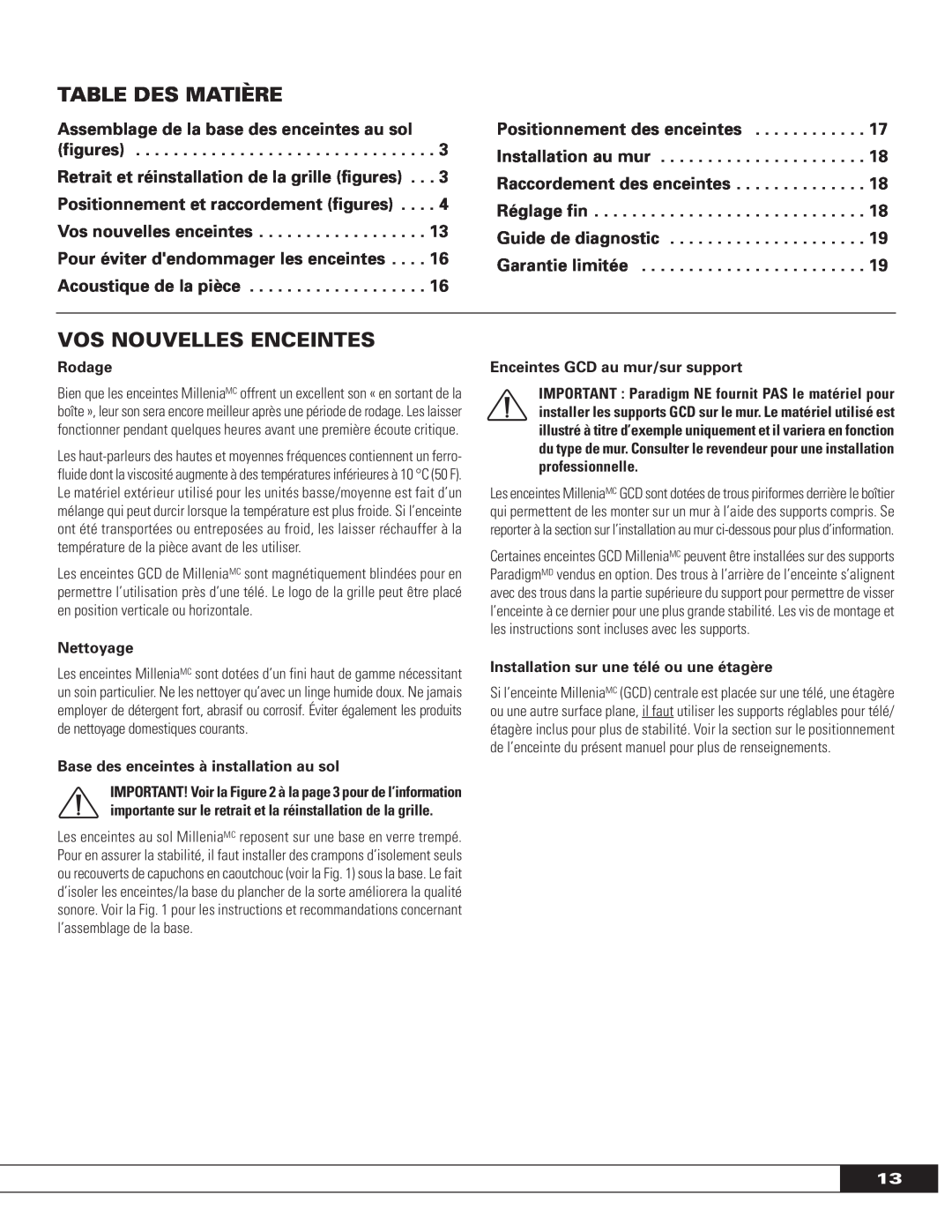 Paradigm MILLENIA SERIES: FRONT AND CENTER SPEAKERS, OM-575 Table Des Matière, Vos Nouvelles Enceintes, Rodage, Nettoyage 
